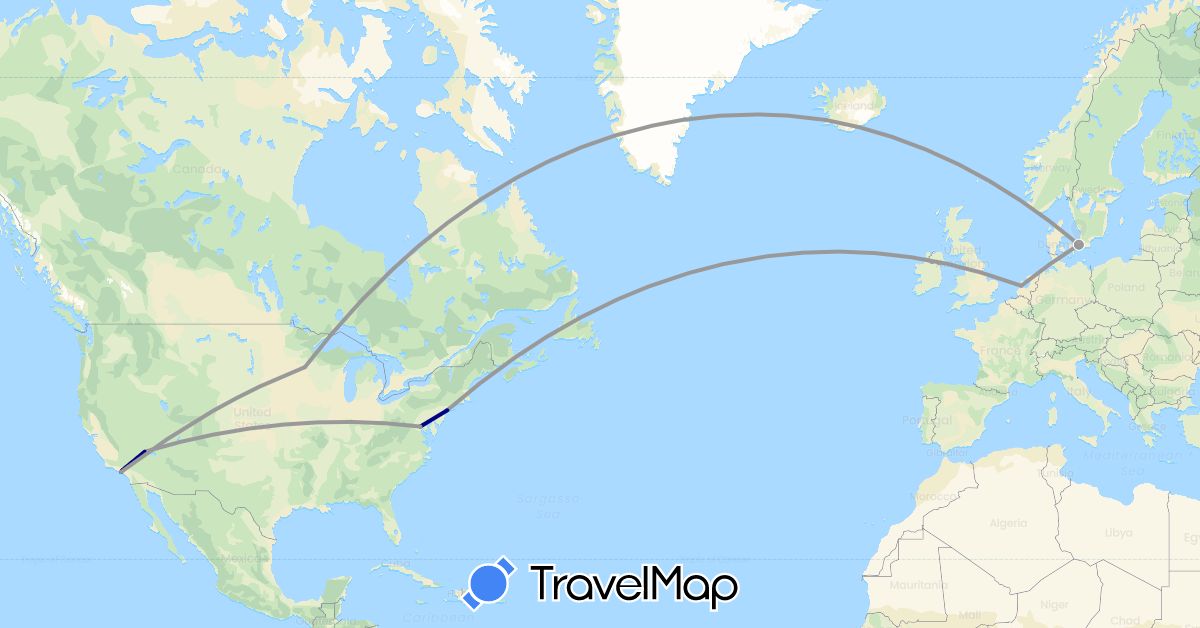 TravelMap itinerary: driving, plane in Denmark, Iceland, Netherlands, United States (Europe, North America)
